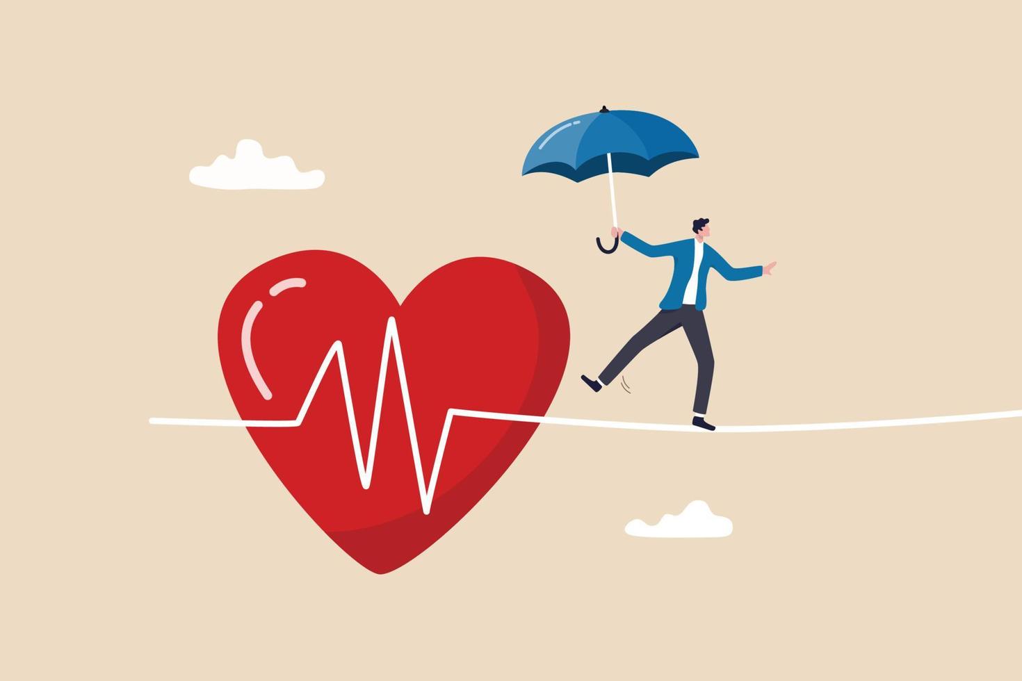 Health insurance, medical risk or healthcare protection, patient security or disease and illness care concept, strong man with umbrella protection walk on risky heart pulse rate as rope walking. vector