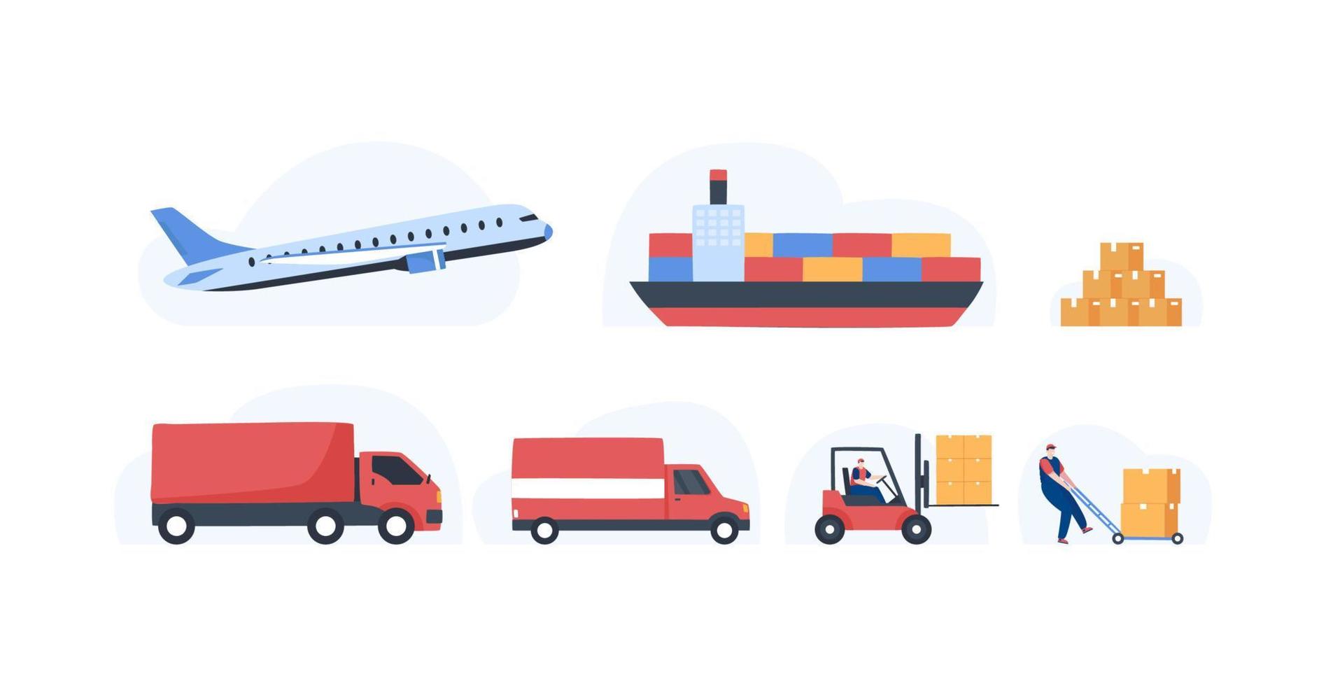 entrega logística global. exportación e importación de carga. Carretilla elevadora y camión de barco de avión. envío internacional. ilustración vector