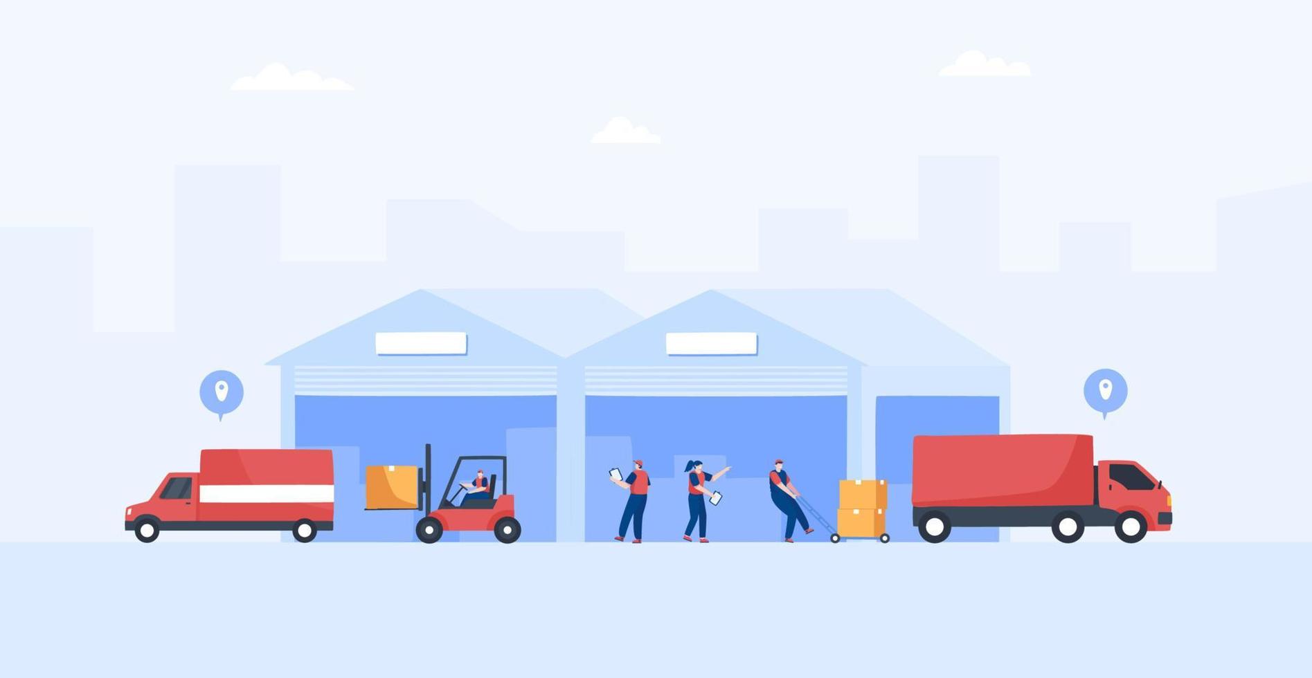 Warehouse and distribution center. Worker arranging boxes at warehouse. Delivery vehicle, goods and parcel delivery.   Illustration vector
