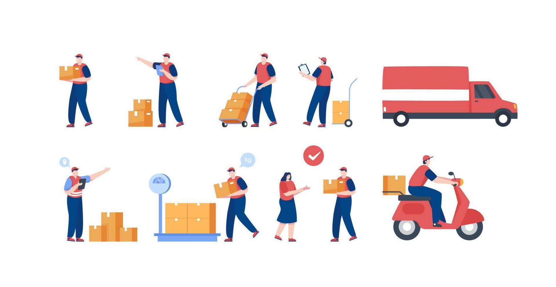 Delivery man courier services. Courier  group set. Illustration vector