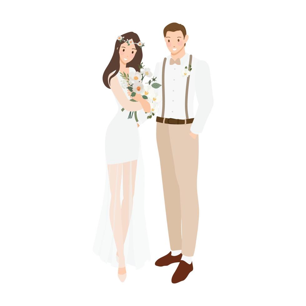 hermosa bohemia casual novia y novio boda pareja dibujos animados estilo plano vector