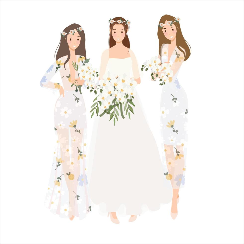 beautiful bohemian casual brideand  bride maid cartoon flat sytle vector