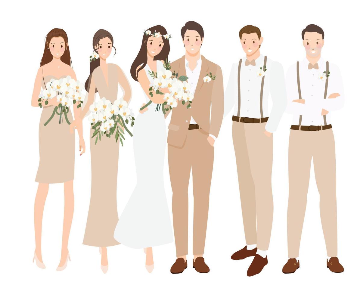 beautiful bohemian casual bride and groom wedding couple with bride maid and groomsman cartoon flat sytle vector