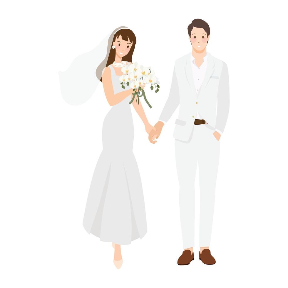 cute wedding couple in white casual suit flat style vector