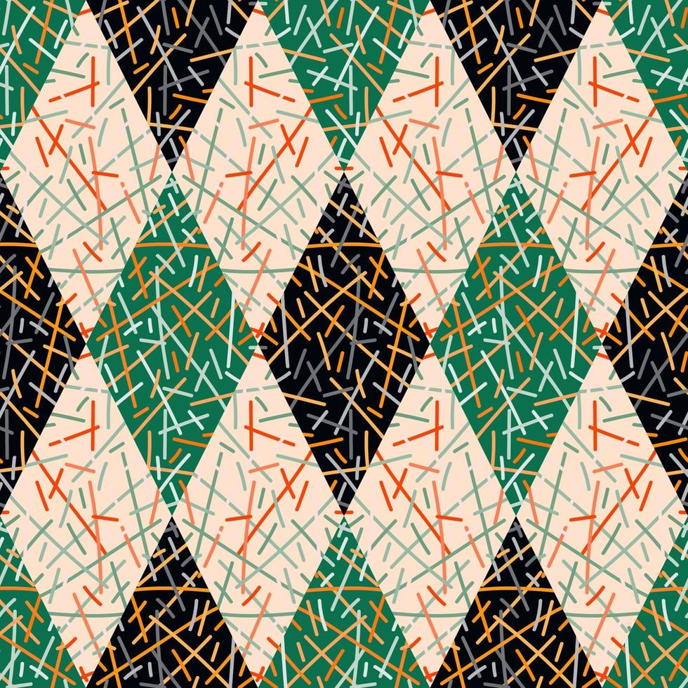 Random lines mosaic seamless pattern. Hand drawn tribal geometric tile. Vintage ethnic line ornament. vector
