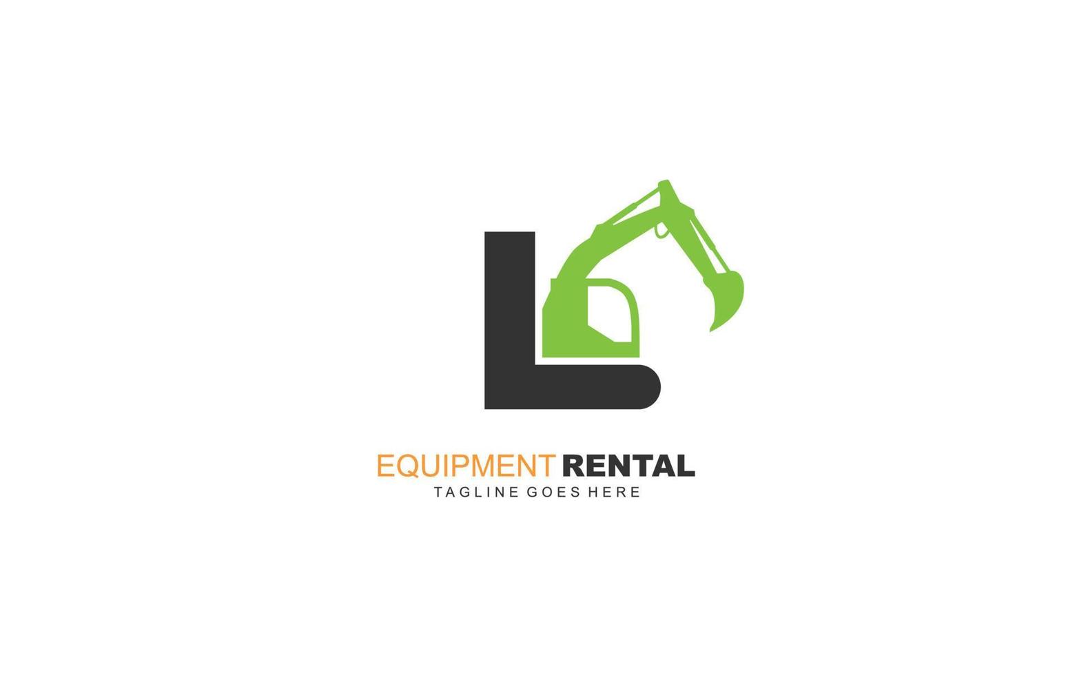 L logo excavator for construction company. Heavy equipment template vector illustration for your brand.