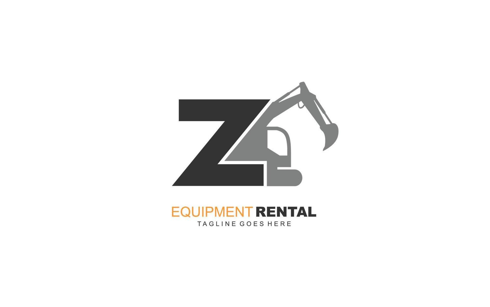 Z logo excavator for construction company. Heavy equipment template vector illustration for your brand.