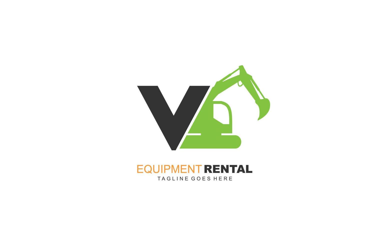 V logo excavator for construction company. Heavy equipment template vector illustration for your brand.