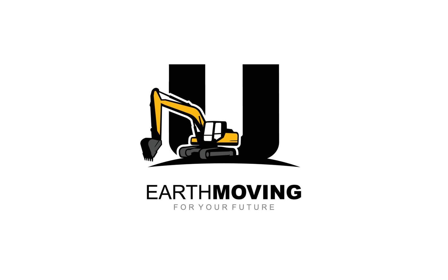 U logo excavator for construction company. Heavy equipment template vector illustration for your brand.