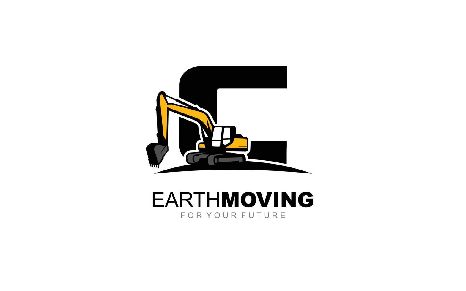 C logo excavator for construction company. Heavy equipment template vector illustration for your brand.