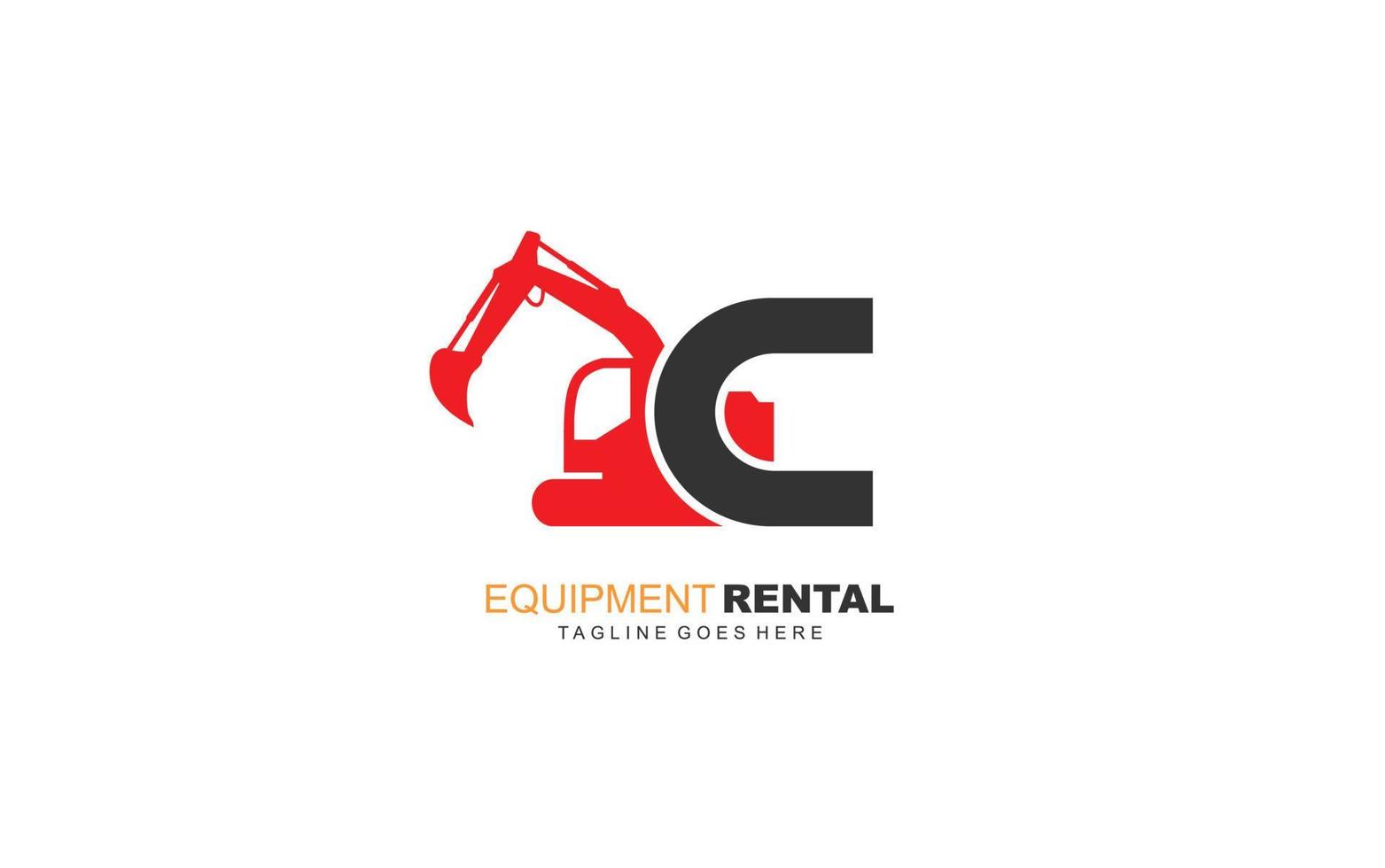 C logo excavator for construction company. Heavy equipment template vector illustration for your brand.