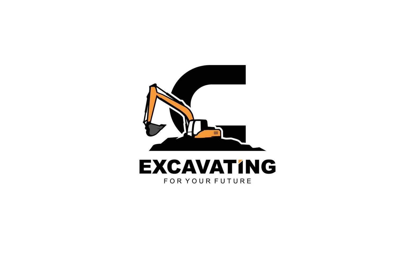 C logo excavator for construction company. Heavy equipment template vector illustration for your brand.