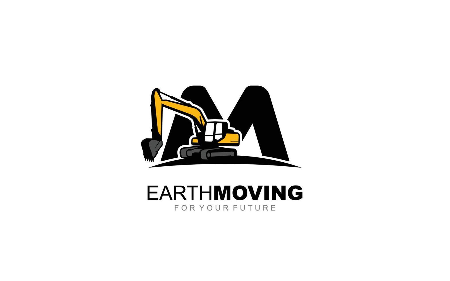 M logo excavator for construction company. Heavy equipment template vector illustration for your brand.