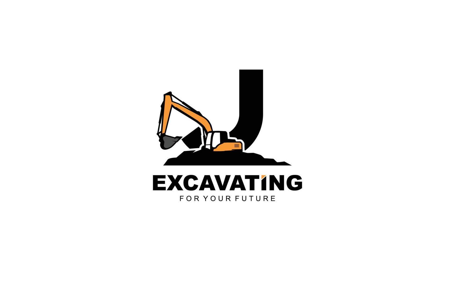 J logo excavator for construction company. Heavy equipment template vector illustration for your brand.