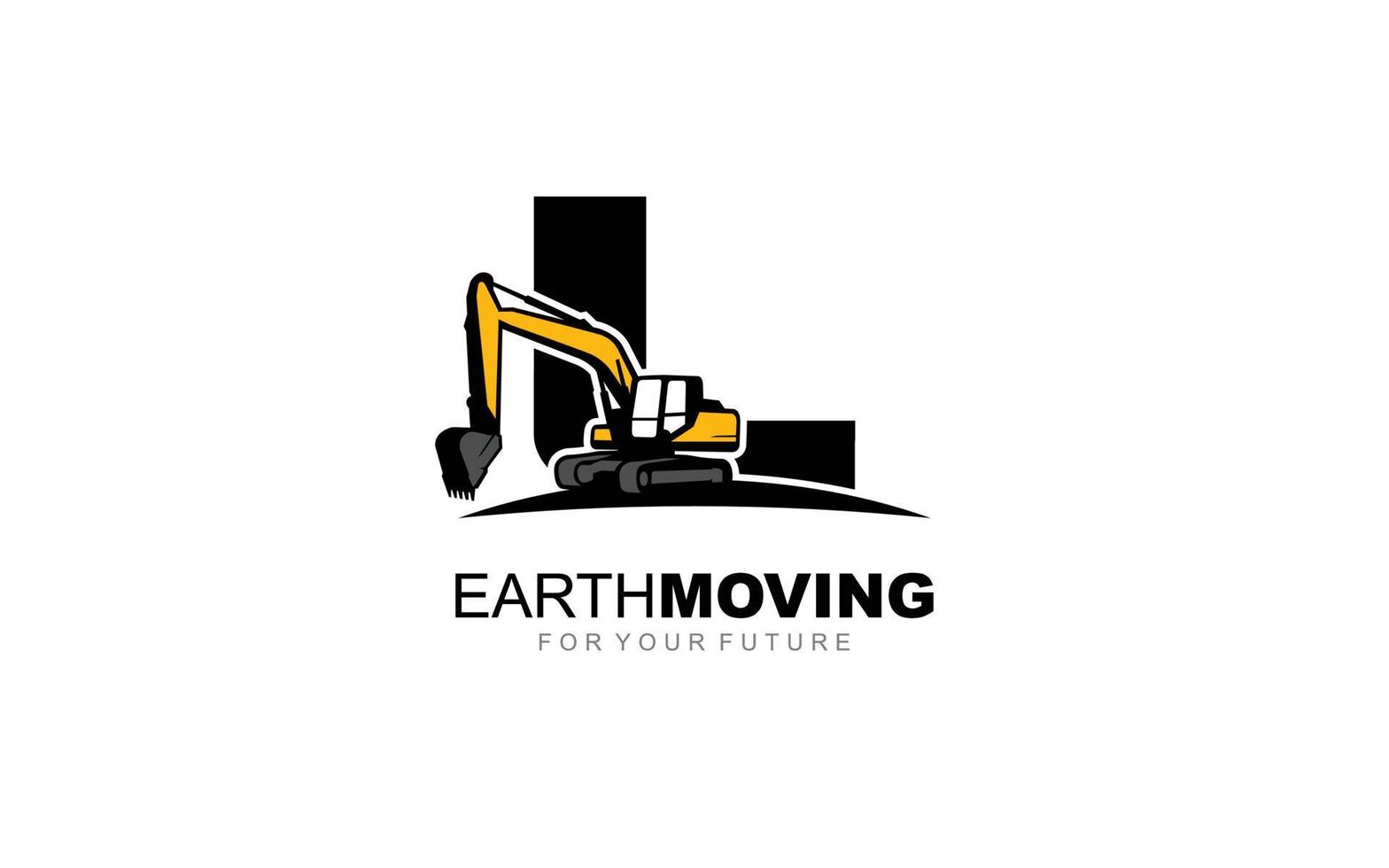 L logo excavator for construction company. Heavy equipment template vector illustration for your brand.