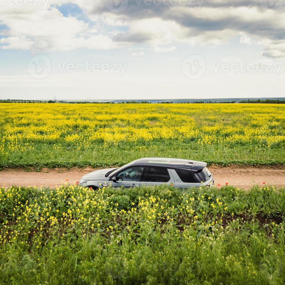 Car in blooming meadow landscape photo