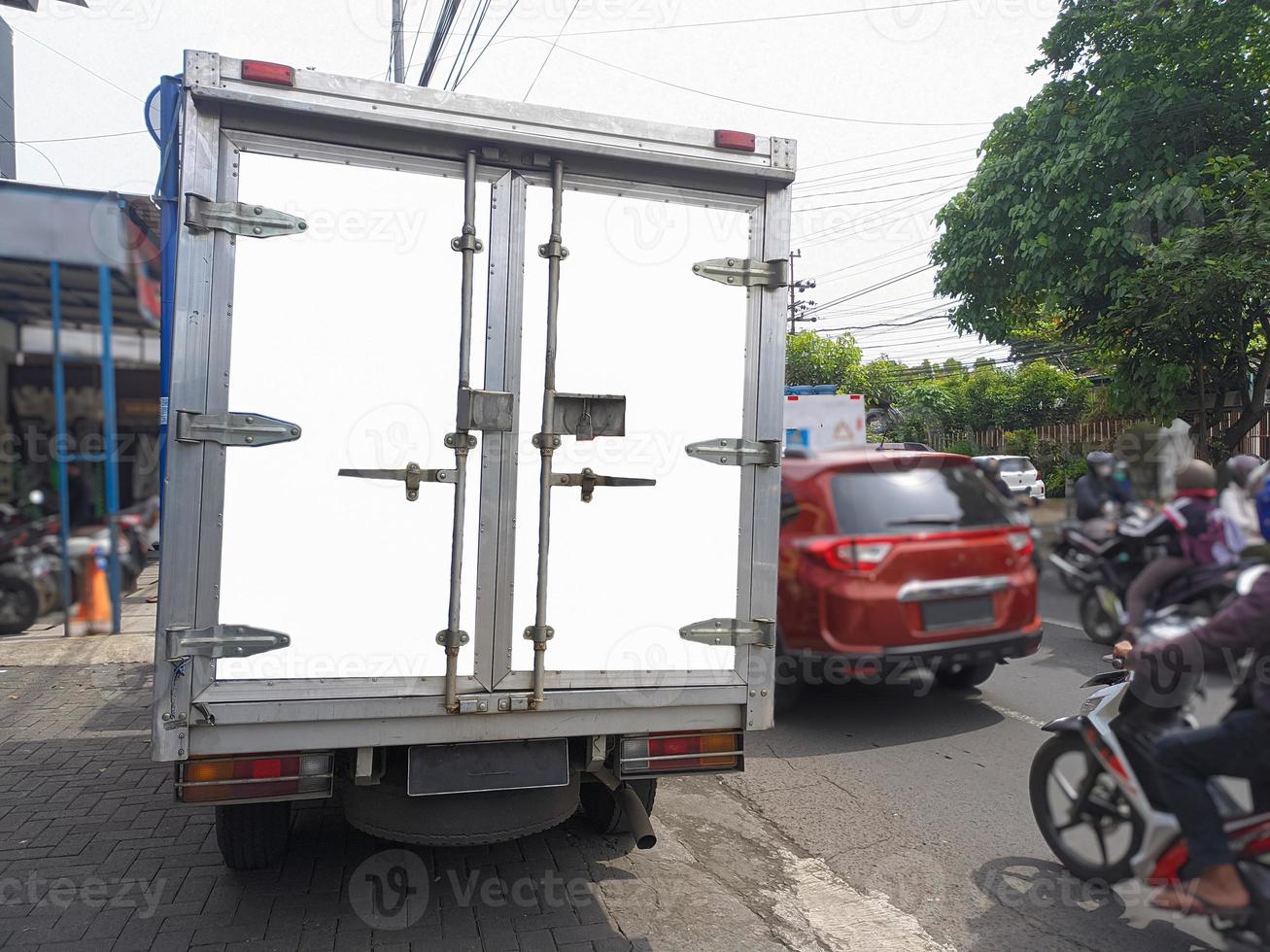 Truck car back with blank billboard mockup, blank ad poster template, information banner placeholder mock up photo