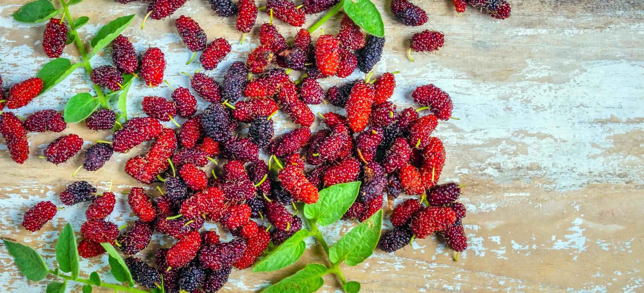 Fresh Mulberry's organic is a healthy super fruit source of vitamins on the old wooden background. mix mulberry fruit in Thailand. photo