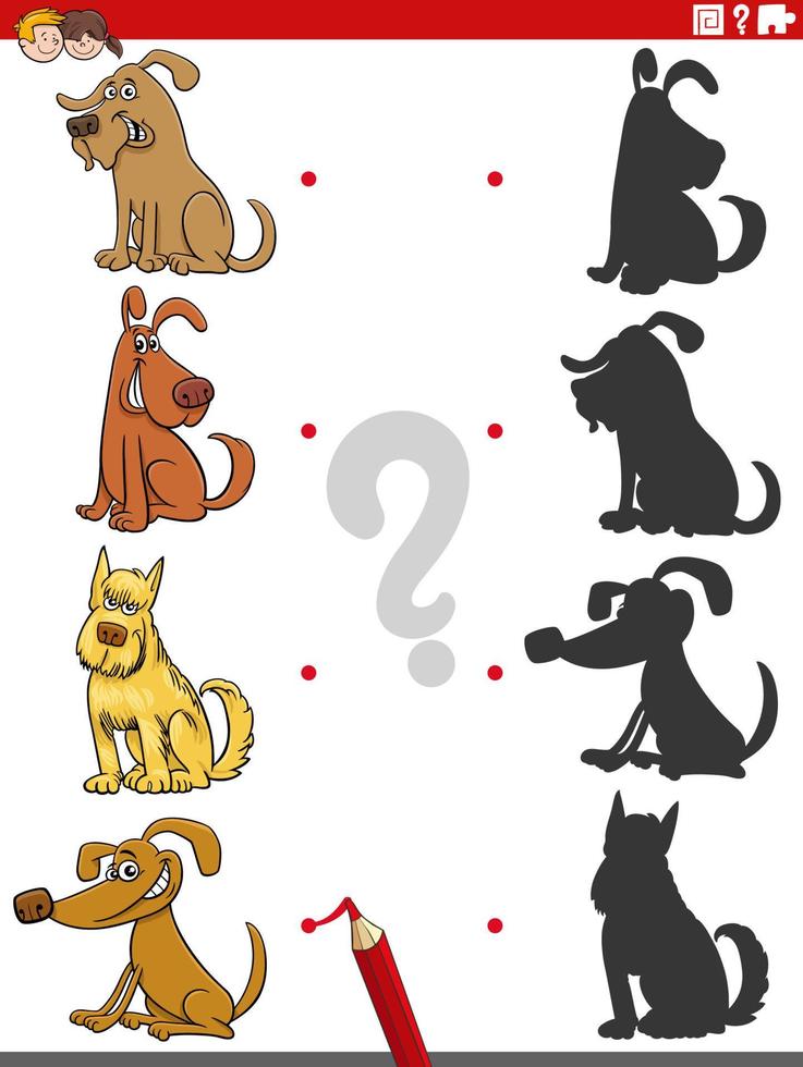 juego educativo de sombras para niños con perros de dibujos animados vector