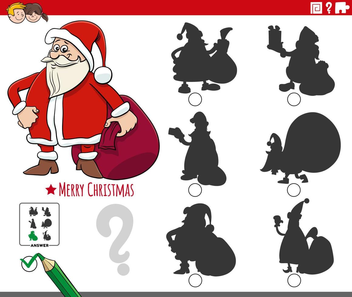 shadows game with cartoon Santa Claus with sack of gifts vector