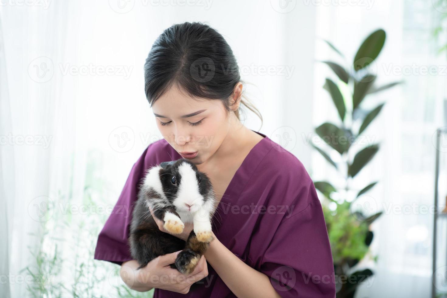 Veterinarian treating sick rabbits He is giving the young bunnies the