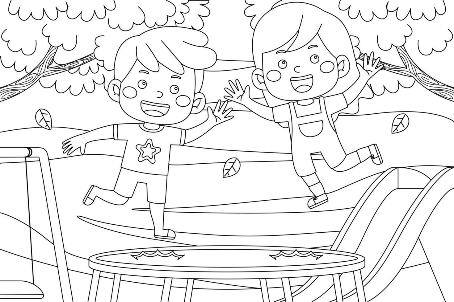 Vector outline illustration of cute kids activity for coloring book