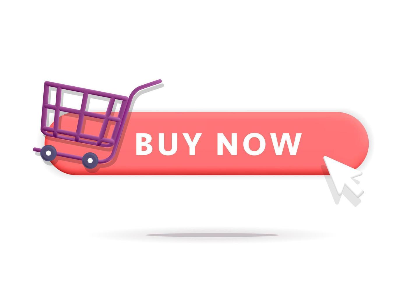 3d vector cartoon render red buy now button with shopping cart icon and computer mouse click symbol design