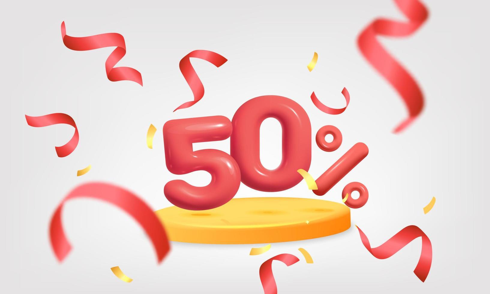 3d vector realistic render red flying explosion confetti and - 50 percent off discount sale label symbol on yellow platform podium banner design