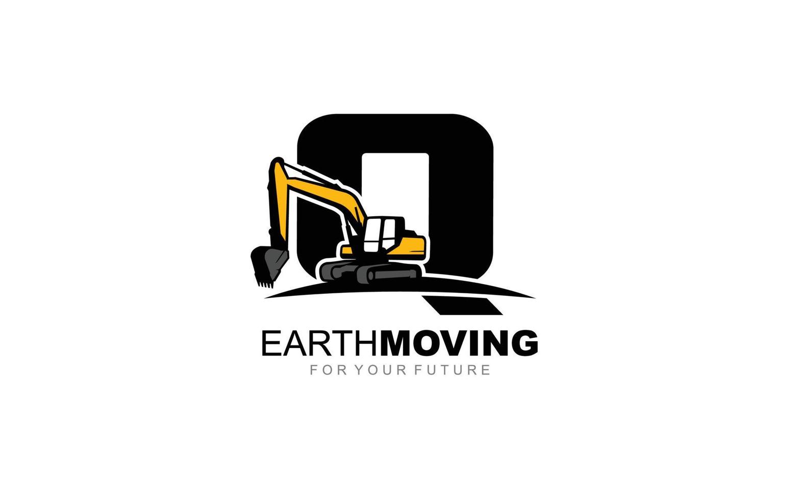 Q logo excavator for construction company. Heavy equipment template vector illustration for your brand.