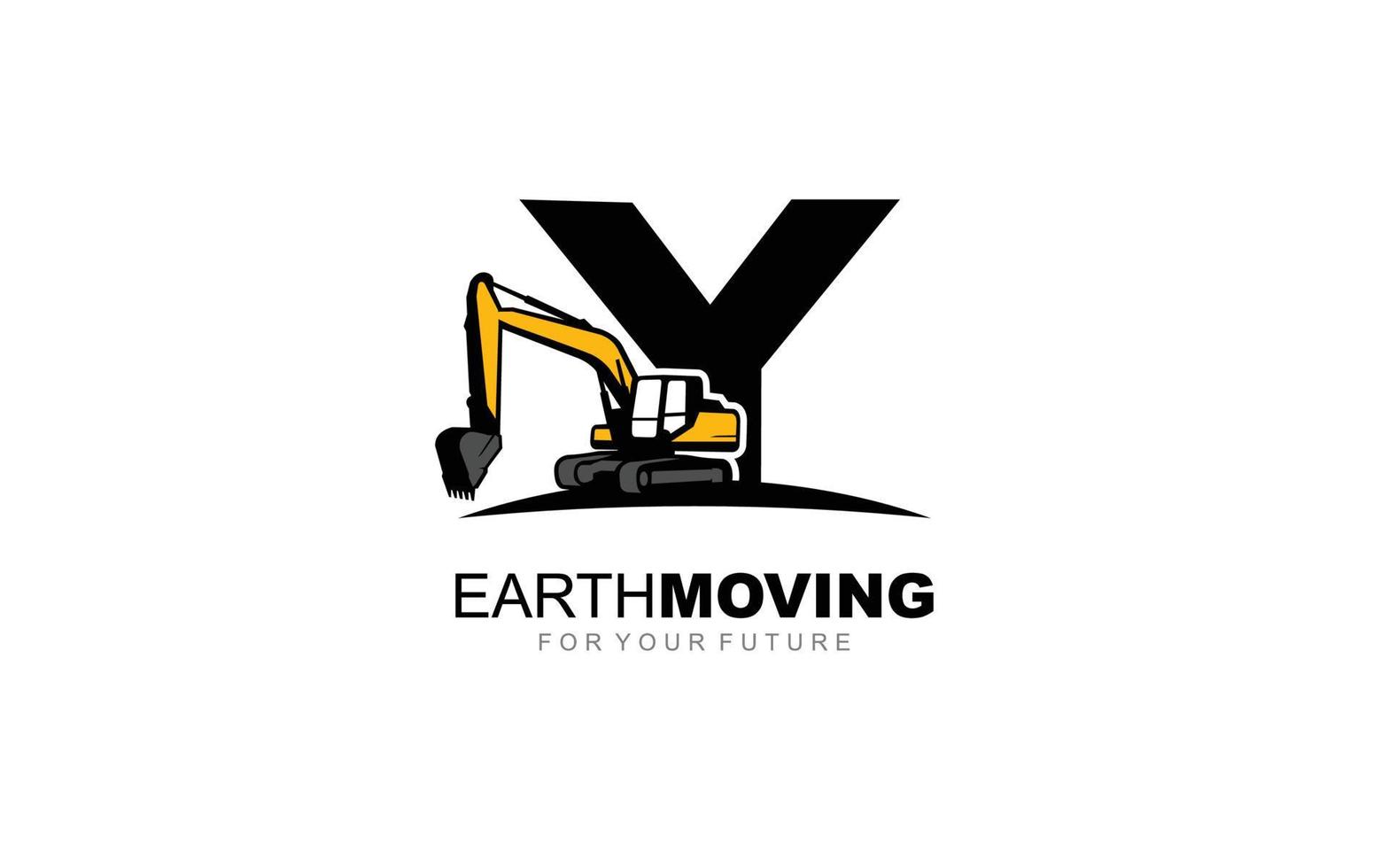 Y logo excavator for construction company. Heavy equipment template vector illustration for your brand.