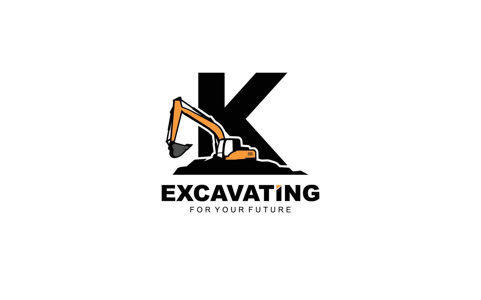K logo excavator for construction company. Heavy equipment template vector illustration for your brand.