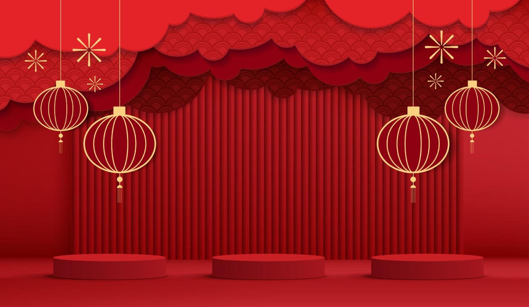 escenario de podio estilo chino para el año nuevo chino y festivales o festival de mediados de otoño con fondo rojo. escenario simulado con linternas festivas y nubes. diseño vectorial vector