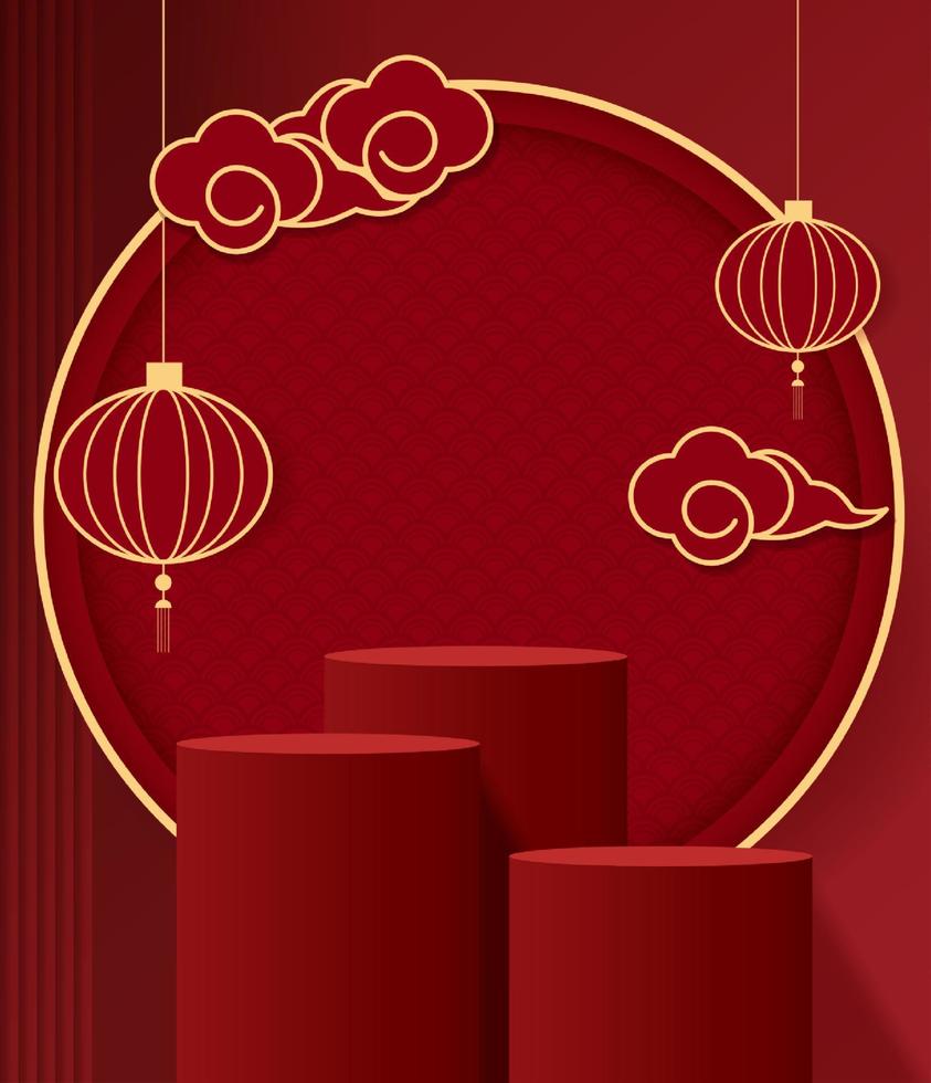 Podium stage chinese style for chinese new year and festivals or mid autumn festival with red background. mock up stage with festive lanterns and clouds. vector design.