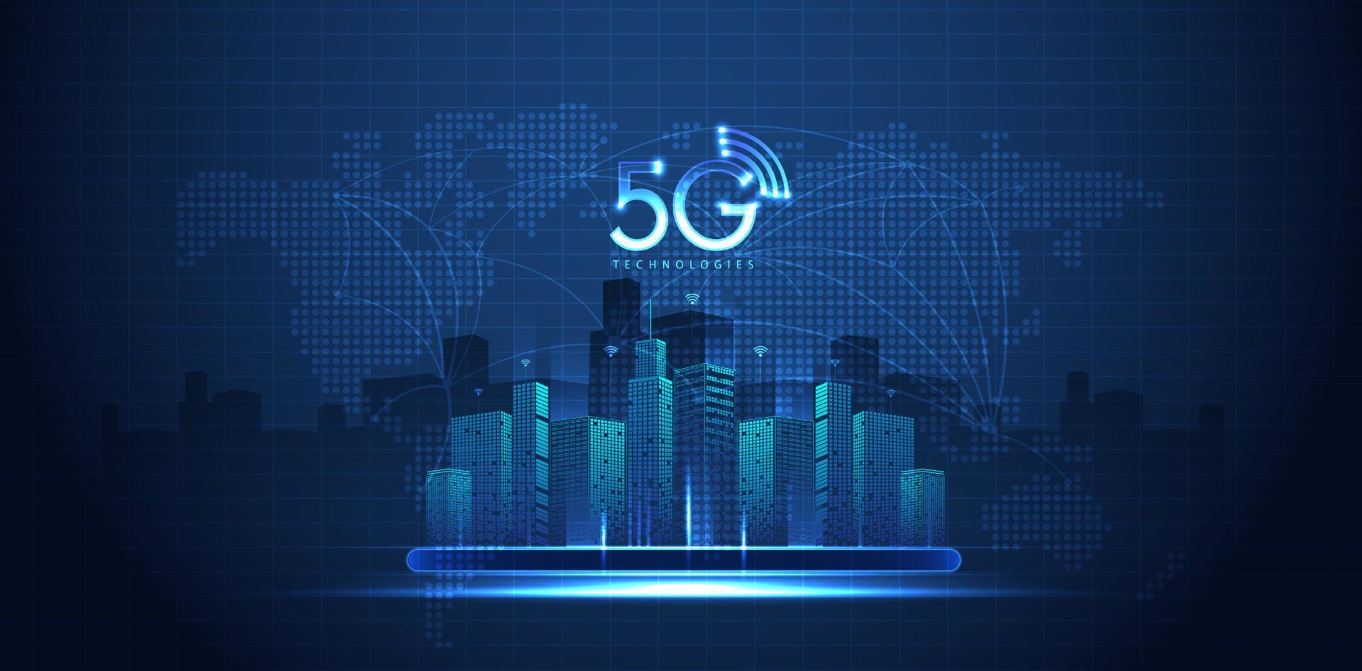 5G technology with computer network connection line between building. Connectivity and global networks systems and internet of things concept. vector design.