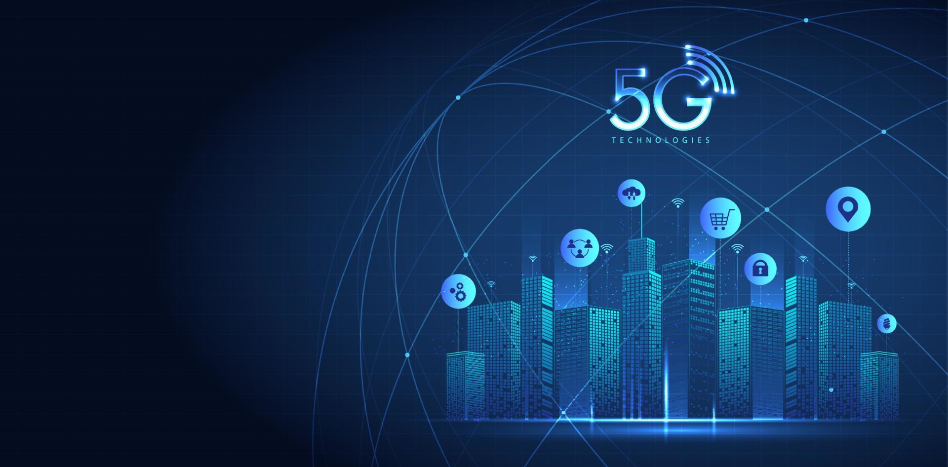 Tecnología 5g con línea de conexión de red informática entre edificios. conectividad y sistemas de redes globales e Internet de las cosas concepto. diseño vectorial vector