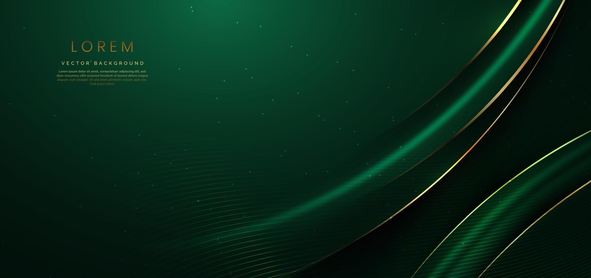 cinta verde curva de oro 3d abstracta sobre fondo verde oscuro con efecto de iluminación y brillo con espacio de copia para texto. vector