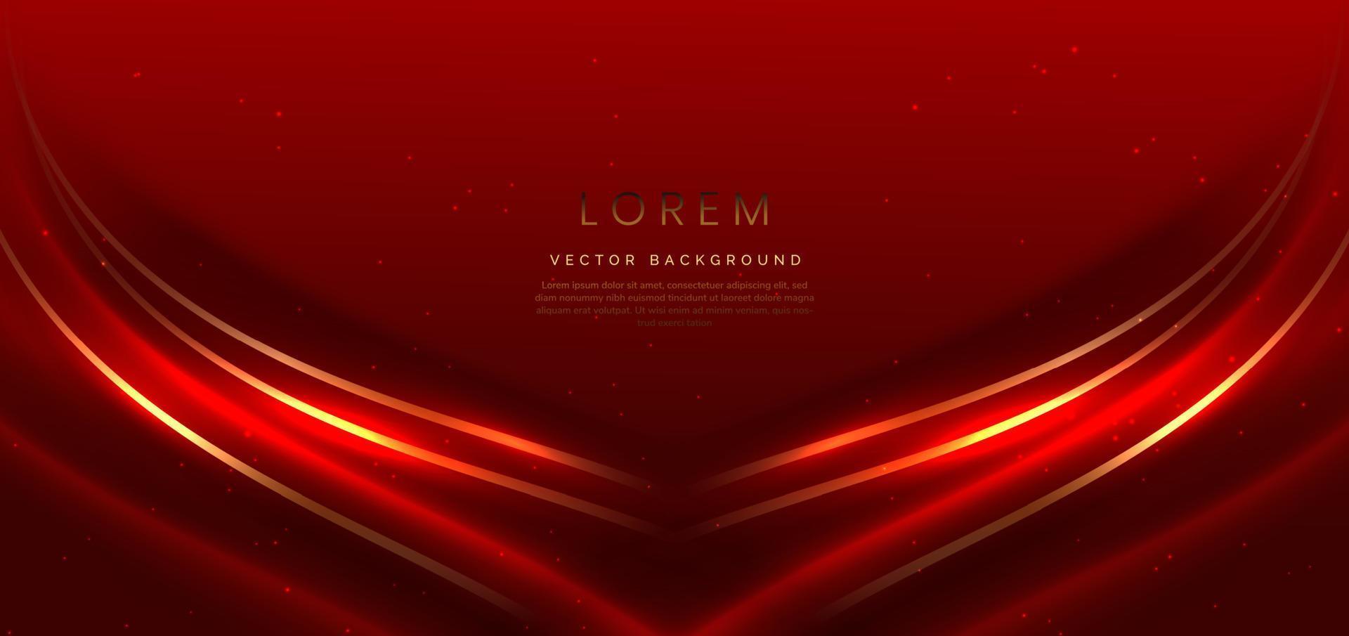 Abstract 3d gold curved red ribbon on red background with lighting effect and sparkle with copy space for text. vector