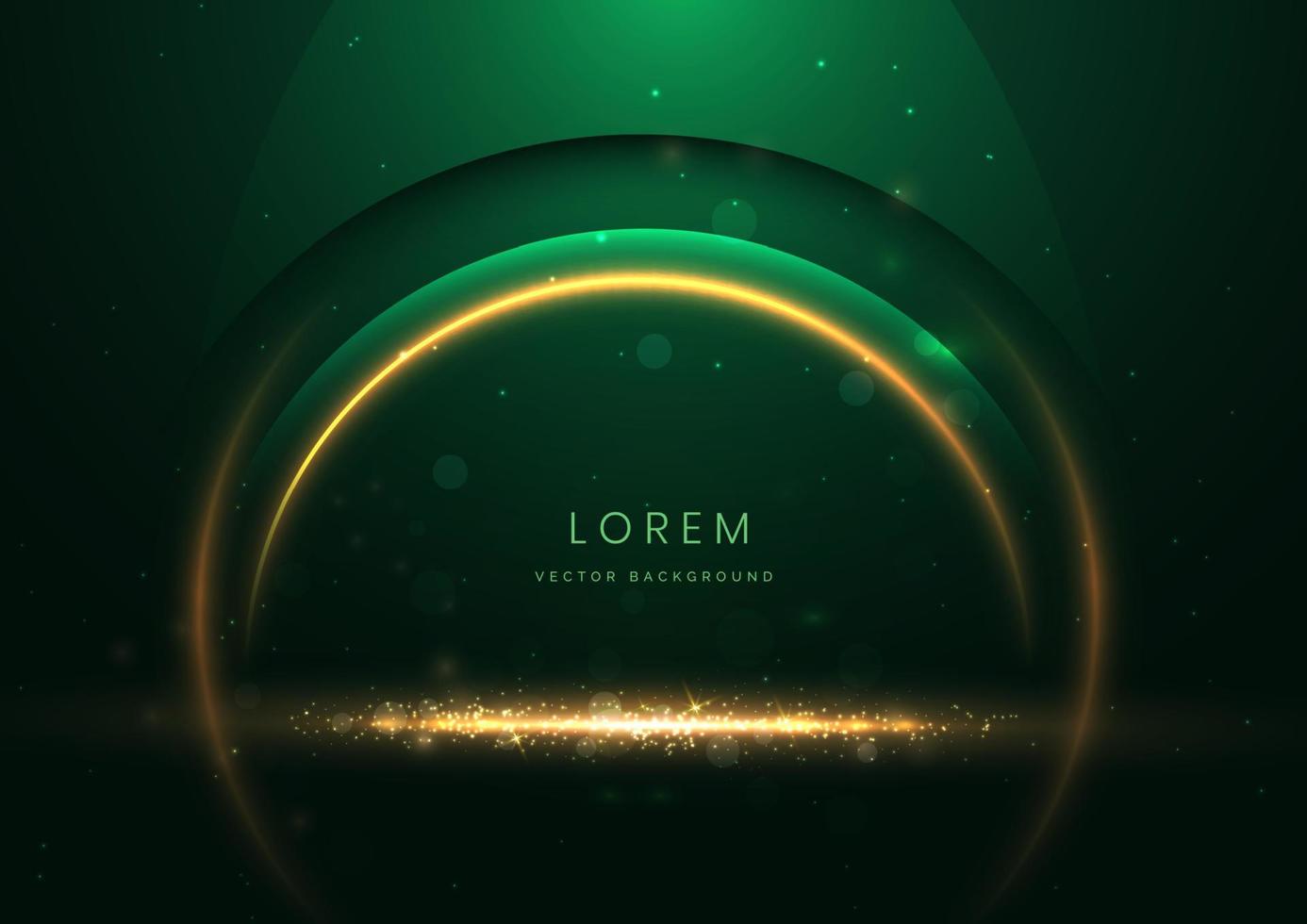 Luxury dark green background with circle glowing green and golden line lighting effect sparkle. vector