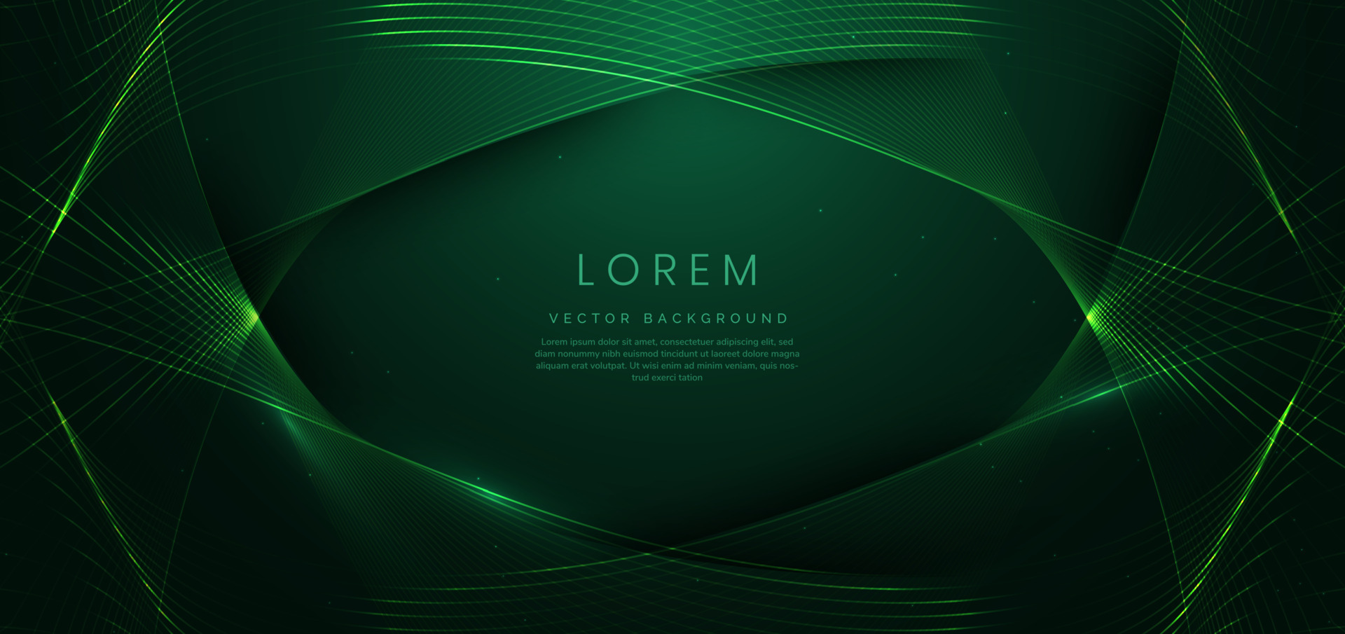 Abstract luxury curve glowing lines on dark green background. Template