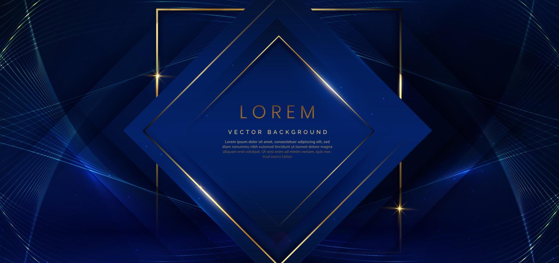 3D square frame dark blue on dark blue background with lighting effect and sparkling with copy space for text. Luxury design style. Vector illustration