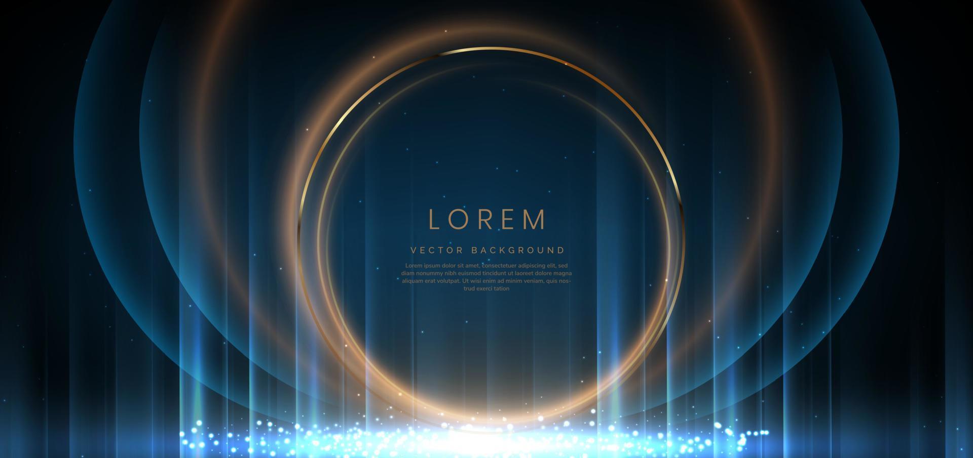 Gold circle frame luxury golden and light blue glowing lines with lighting effect sparkle on dark blue background. vector
