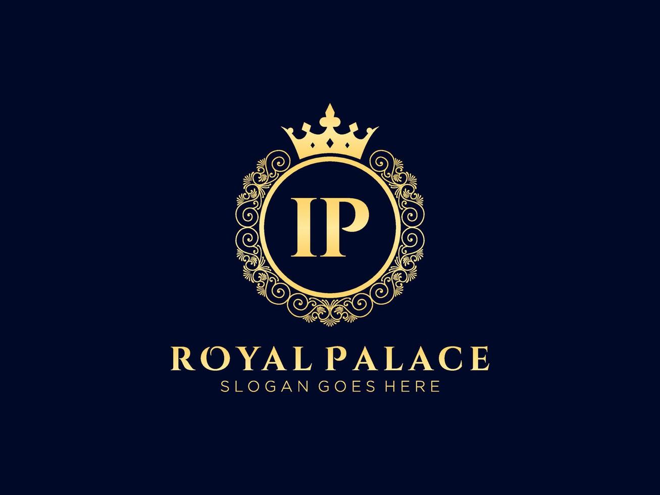 Letter IP Antique royal luxury victorian logo with ornamental frame. vector