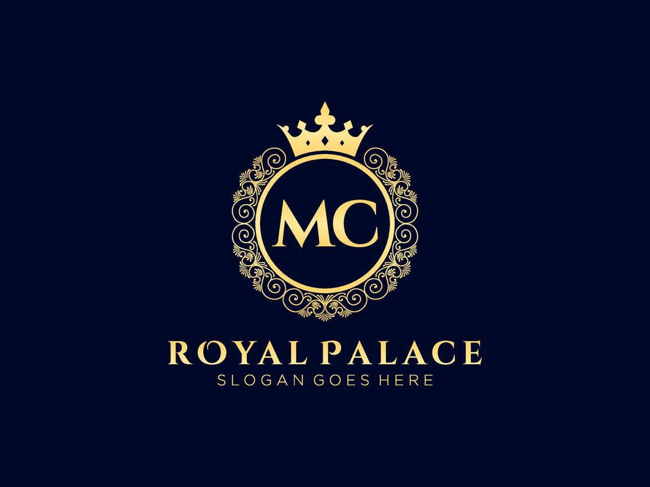 Letter MC Antique royal luxury victorian logo with ornamental frame. vector