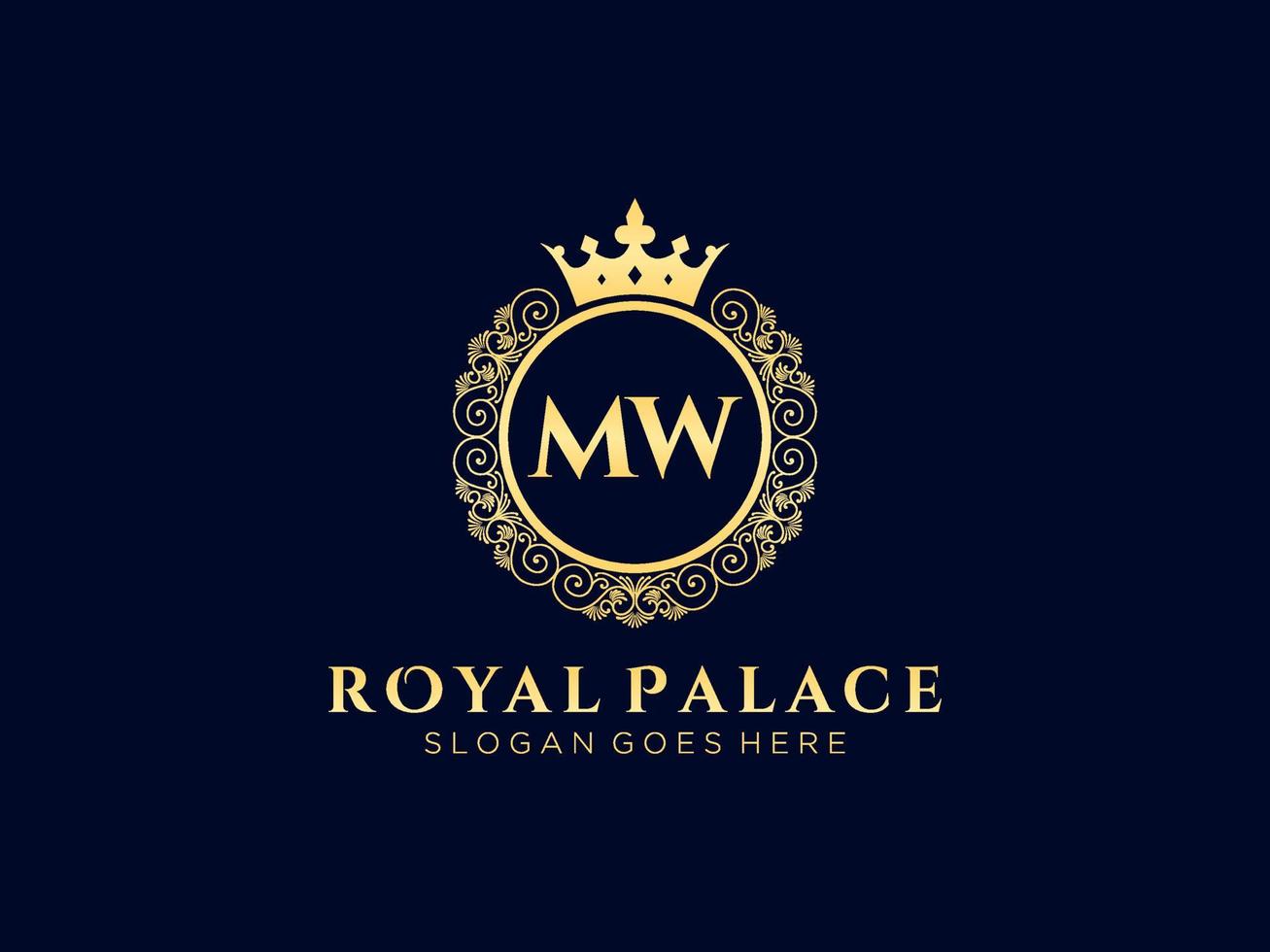 Letter MW Antique royal luxury victorian logo with ornamental frame. vector