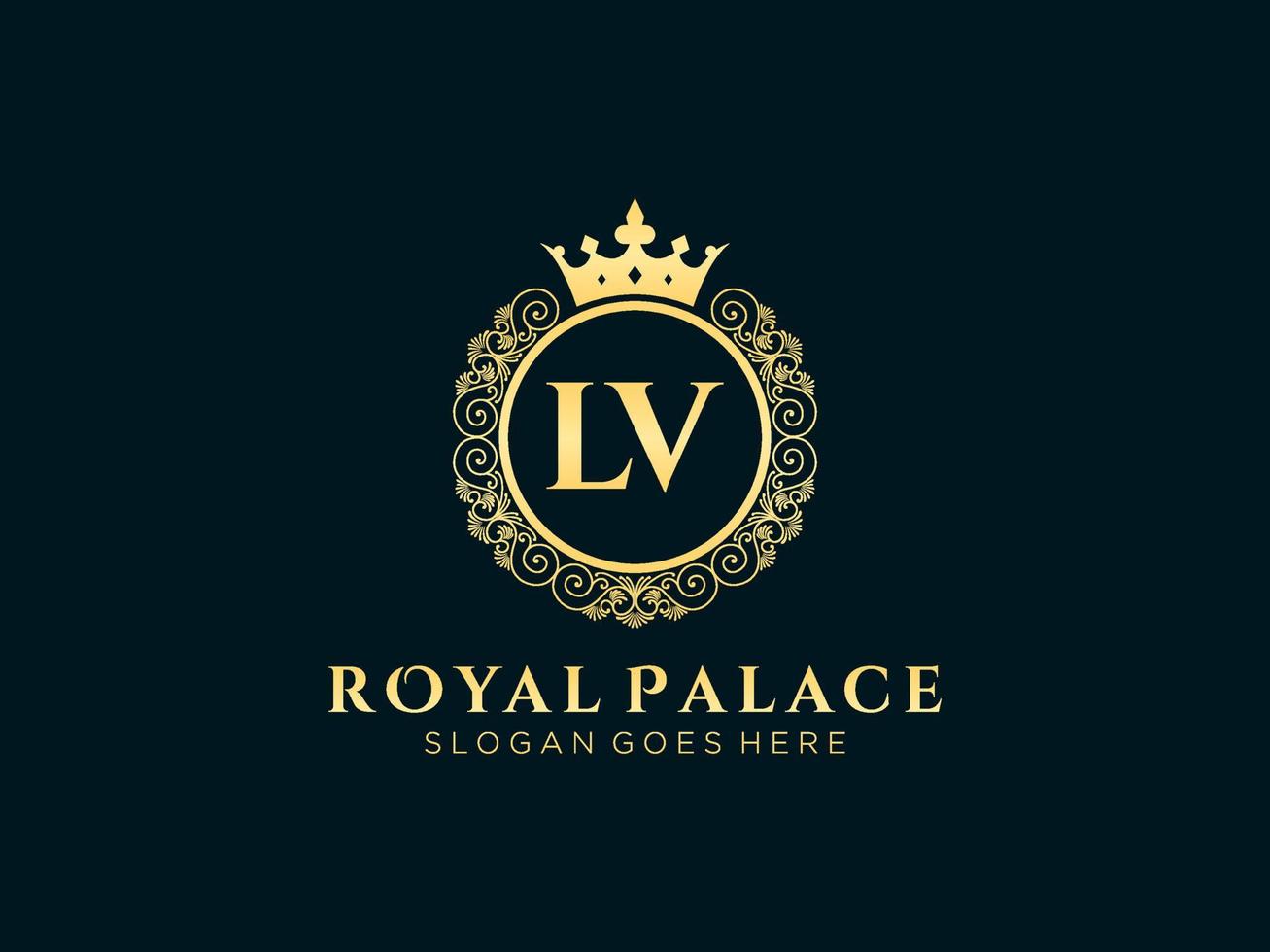 Letter LV Antique royal luxury victorian logo with ornamental frame. vector