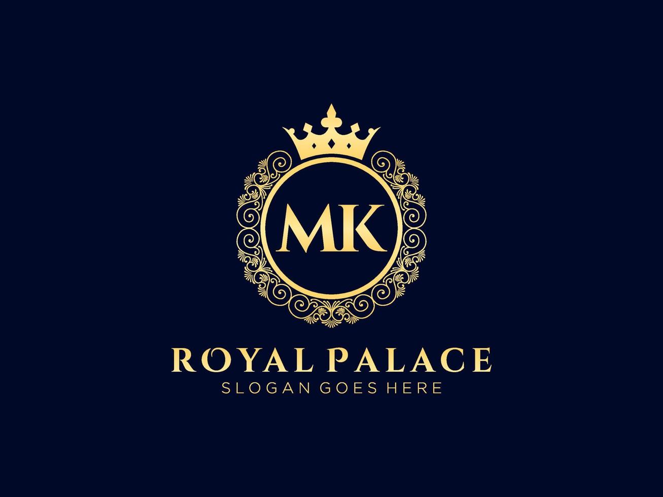 Letter MK Antique royal luxury victorian logo with ornamental frame. vector