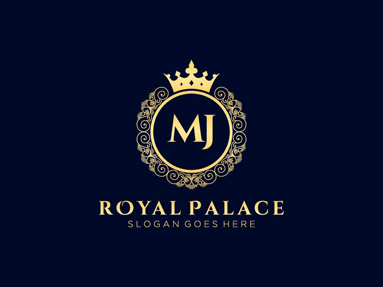 Letter MJ Antique royal luxury victorian logo with ornamental frame. vector