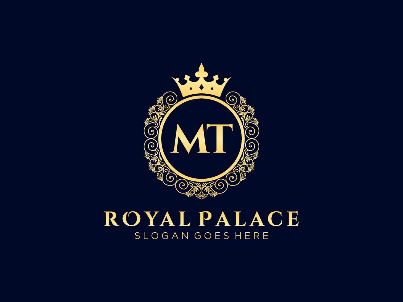Letter MT Antique royal luxury victorian logo with ornamental frame. vector