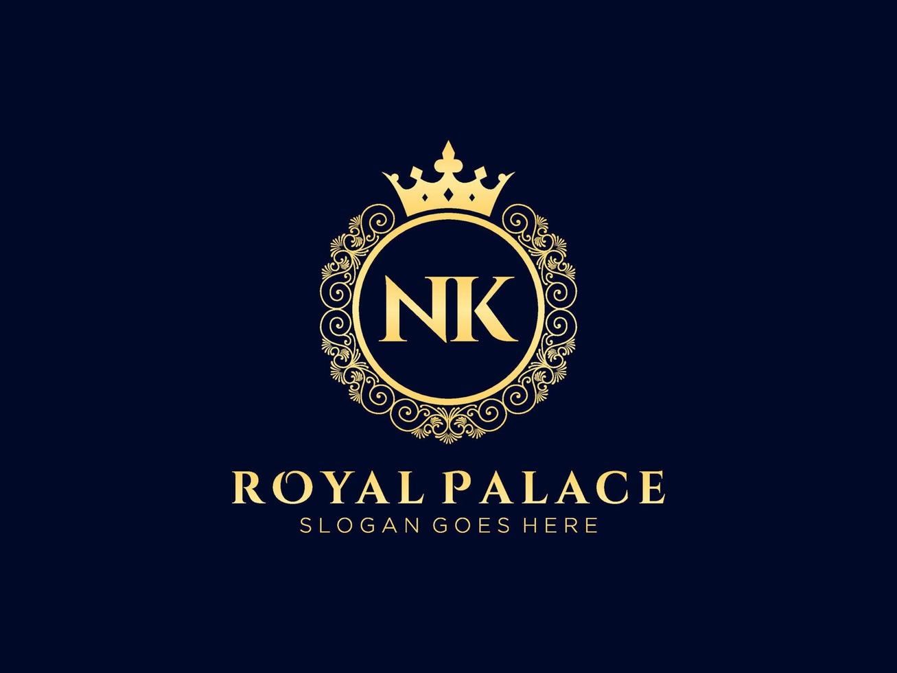 Letter NK Antique royal luxury victorian logo with ornamental frame. vector