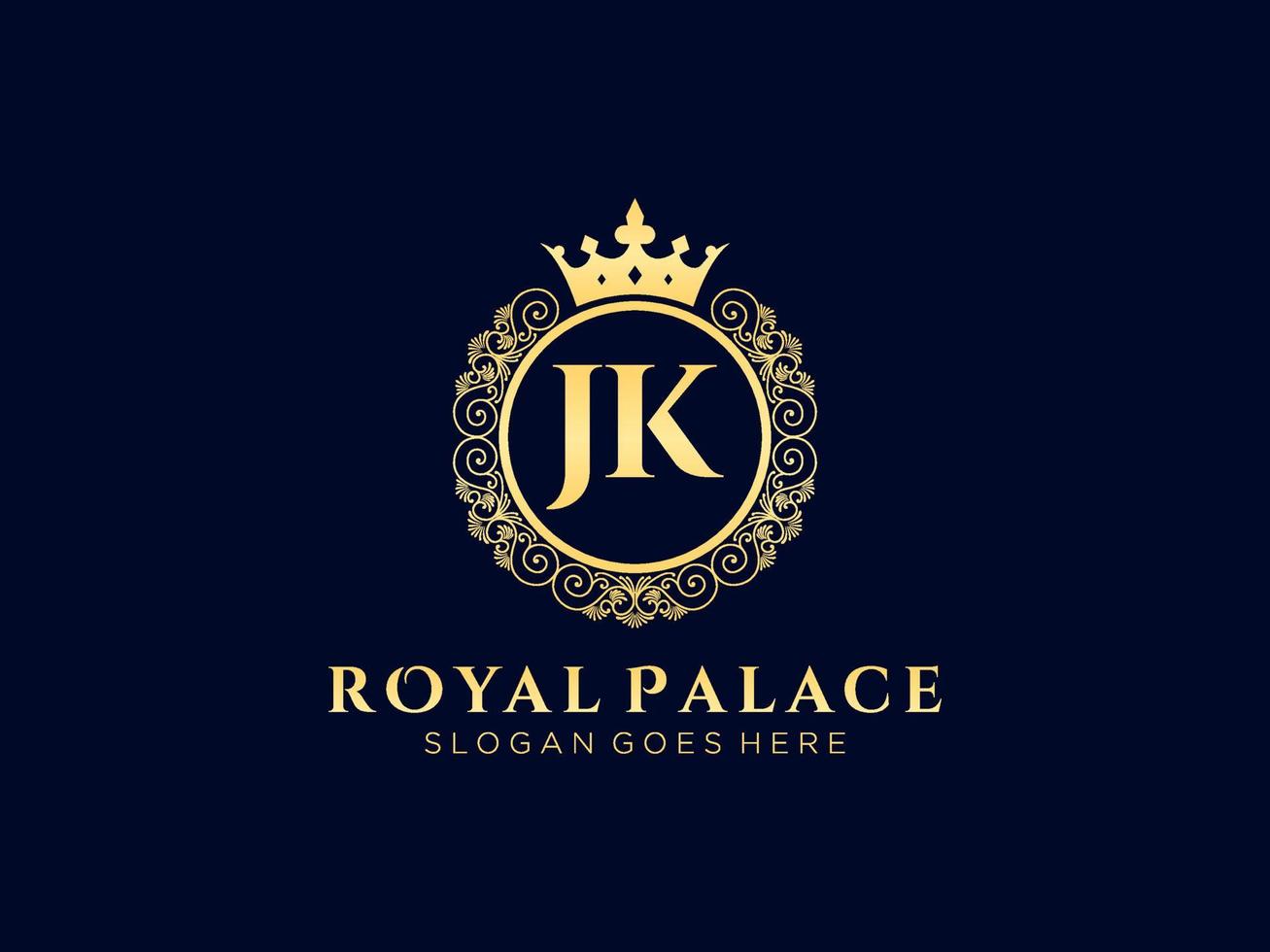 Letter JK Antique royal luxury victorian logo with ornamental frame. vector